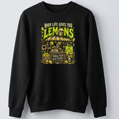 Vintage cartoon of a lemon skeleton with humorous text about lemons — printed on a unisex sweatshirt