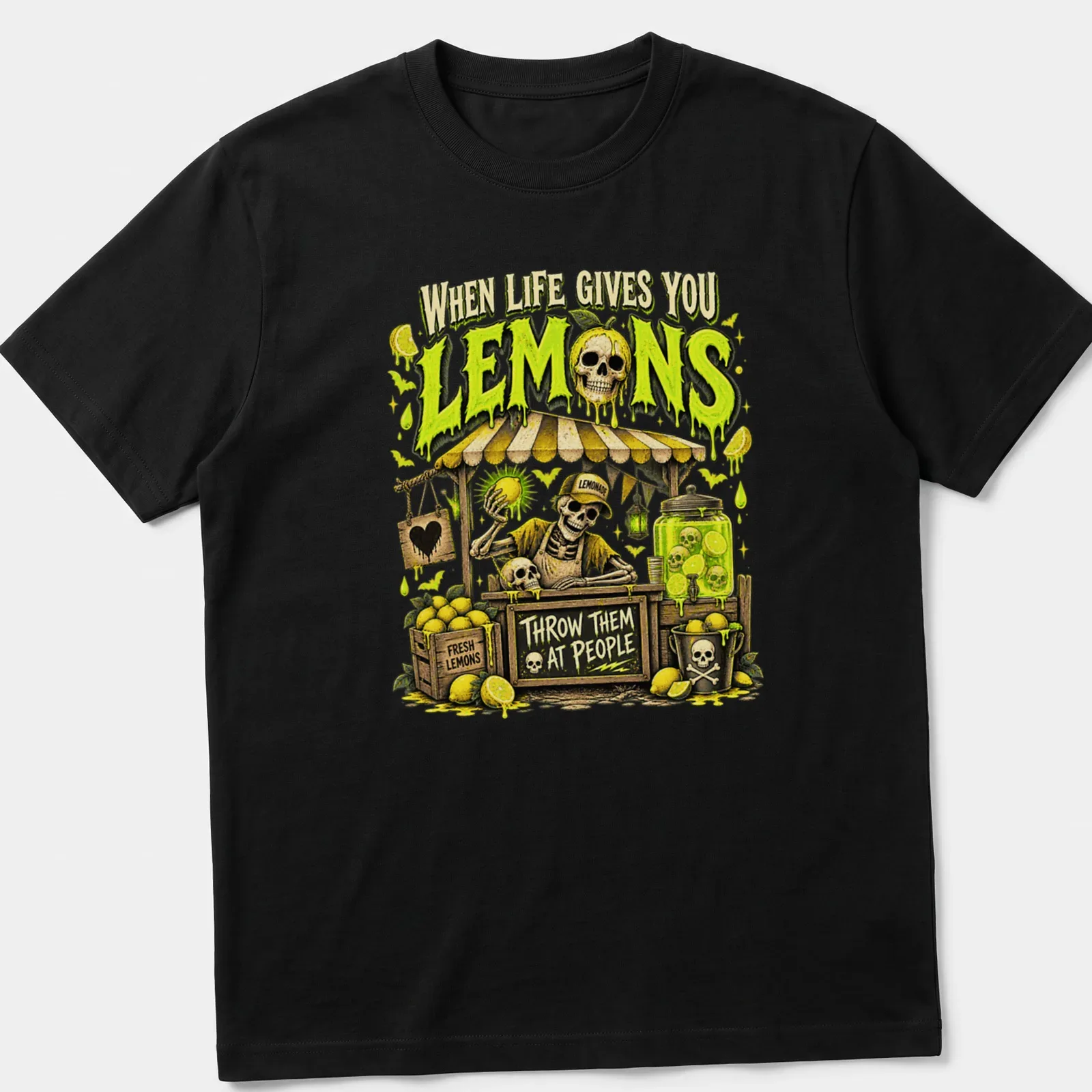 Vintage cartoon of a lemon skeleton with humorous text about lemons — printed on a unisex t-shirt