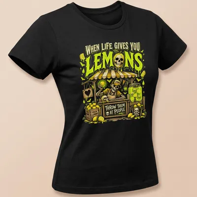 Vintage cartoon of a lemon skeleton with humorous text about lemons — printed on a women's shirt