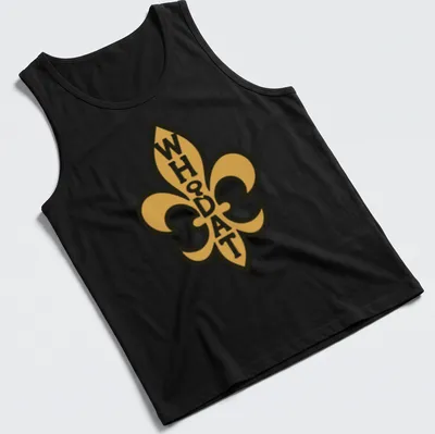 Bold graphic WHODAT design with a fleur de lis in gold and black — printed on a tank top