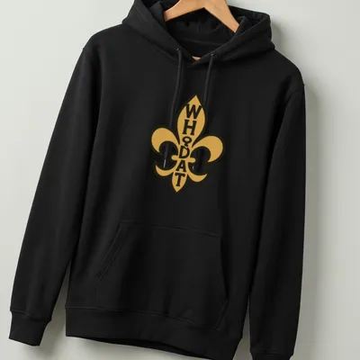 Bold graphic WHODAT design with a fleur de lis in gold and black — printed on a unisex hoodie