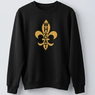 Bold graphic WHODAT design with a fleur de lis in gold and black — printed on a unisex sweatshirt