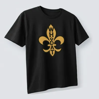 Bold graphic WHODAT design with a fleur de lis in gold and black — printed on a unisex t-shirt (angled view)