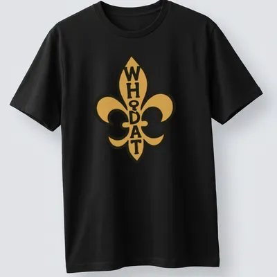 Bold graphic WHODAT design with a fleur de lis in gold and black — printed on a unisex t-shirt
