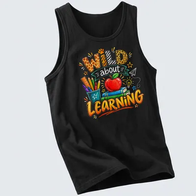 Colorful sketch of apple, books, and school supplies with 'Wild about Learning' text — printed on a tank top