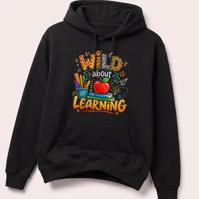 Colorful sketch of apple, books, and school supplies with 'Wild about Learning' text — printed on a unisex hoodie