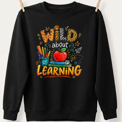 Colorful sketch of apple, books, and school supplies with 'Wild about Learning' text — printed on a unisex sweatshirt