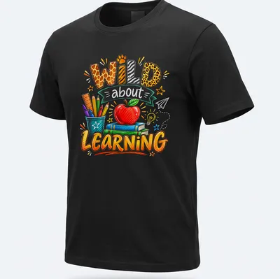 Colorful sketch of apple, books, and school supplies with 'Wild about Learning' text
