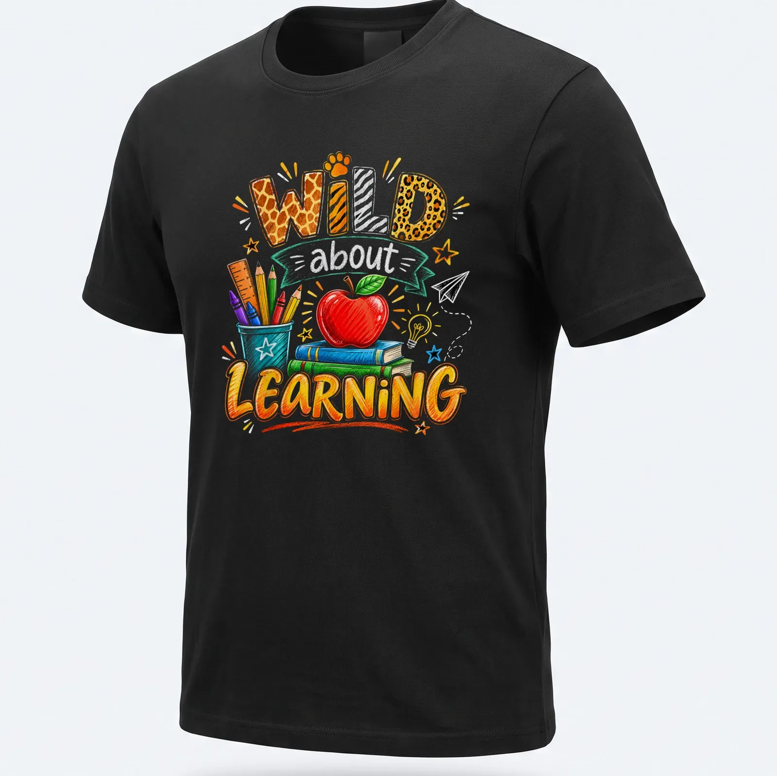 Colorful sketch of apple, books, and school supplies with 'Wild about Learning' text — printed on a unisex t-shirt