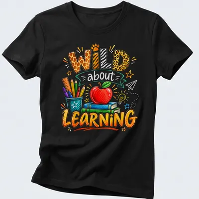 Colorful sketch of apple, books, and school supplies with 'Wild about Learning' text — printed on a women's shirt