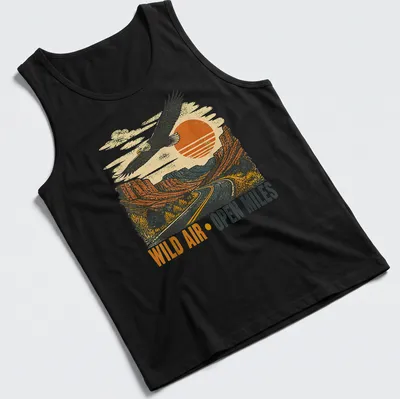 Retro design featuring an eagle soaring over a landscape with vintage colors — printed on a tank top
