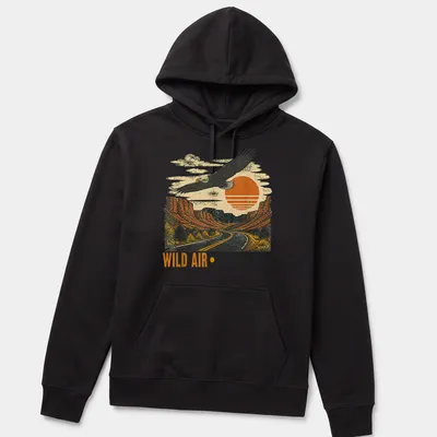 Retro design featuring an eagle soaring over a landscape with vintage colors — printed on a unisex hoodie