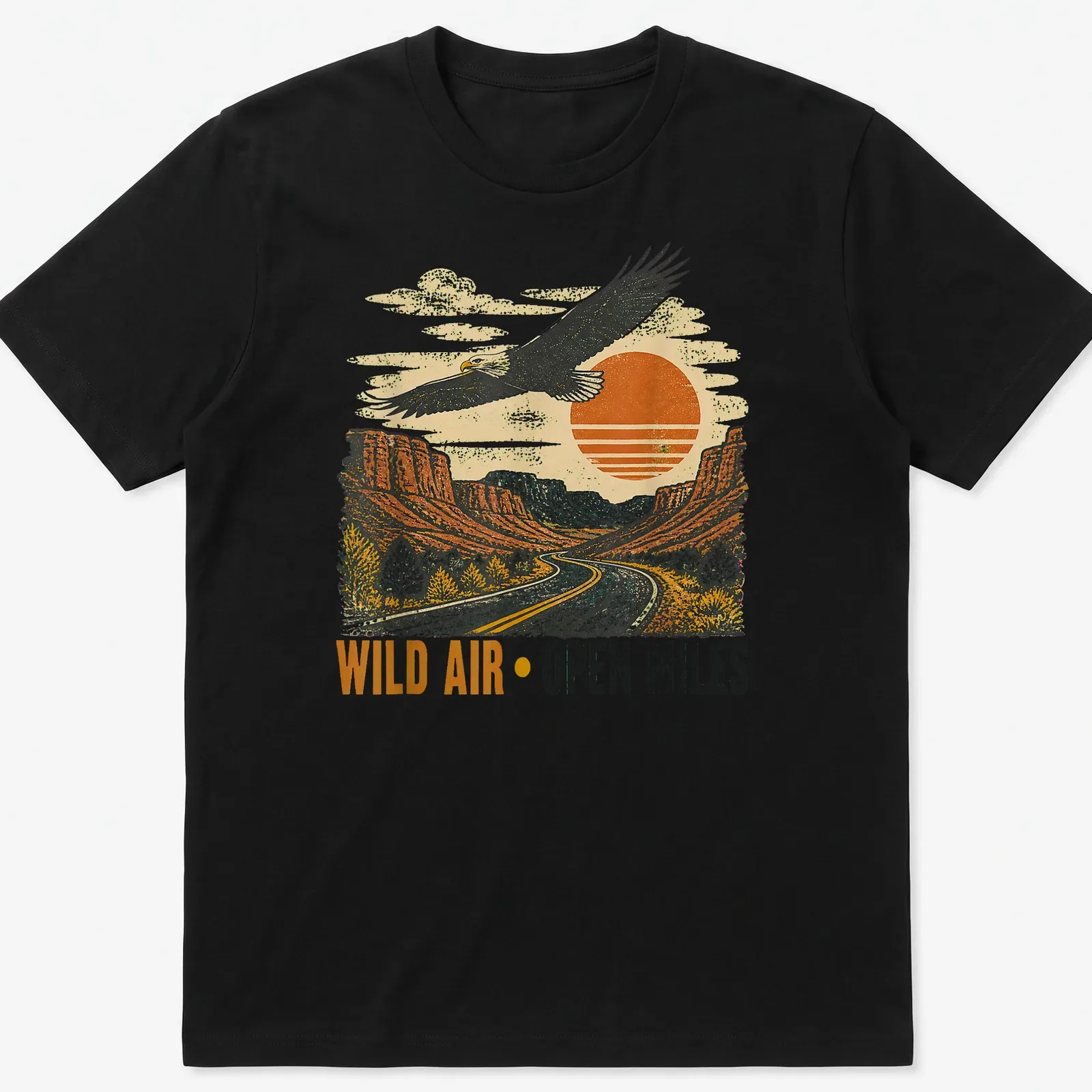 Retro design featuring an eagle soaring over a landscape with vintage colors — printed on a unisex t-shirt