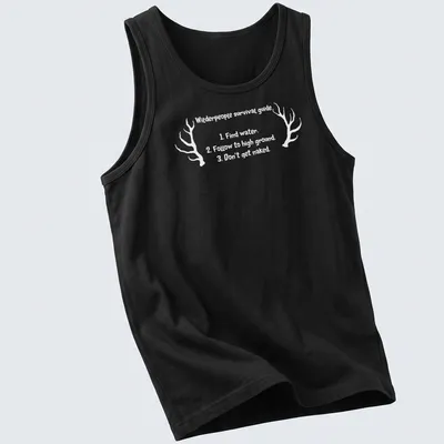 Vintage style shirt with antlers and humorous survival tips printed in black and white — printed on a tank top