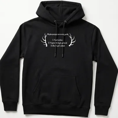Vintage style shirt with antlers and humorous survival tips printed in black and white — printed on a unisex hoodie