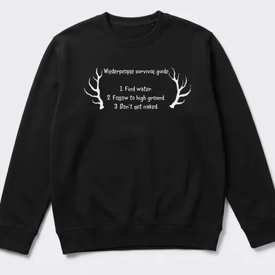 Vintage style shirt with antlers and humorous survival tips printed in black and white — printed on a unisex sweatshirt
