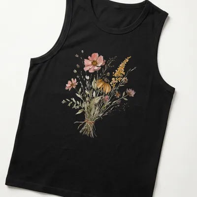 Watercolor floral print of a wildflower bouquet in pink, yellow, green, and brown. — printed on a tank top
