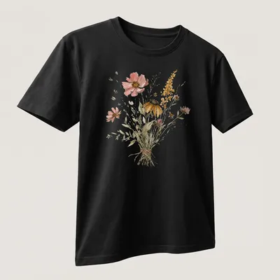 Watercolor floral print of a wildflower bouquet in pink, yellow, green, and brown. — printed on a unisex t-shirt (angled view)