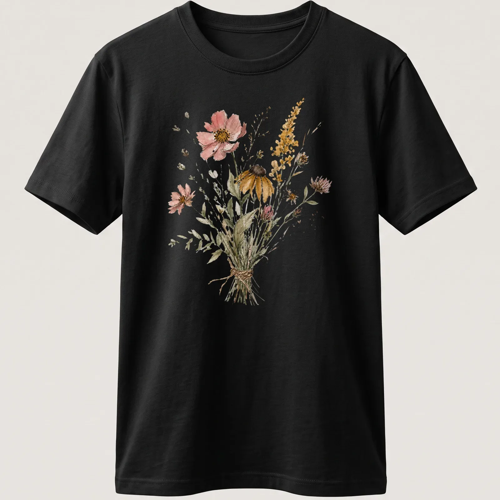 Watercolor floral print of a wildflower bouquet in pink, yellow, green, and brown. — printed on a unisex t-shirt