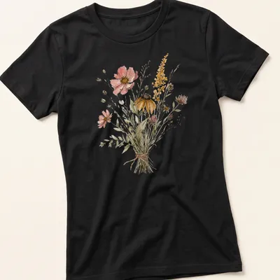 Watercolor floral print of a wildflower bouquet in pink, yellow, green, and brown. — printed on a women's shirt
