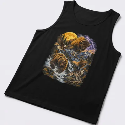Vintage-style shirt featuring bison, eagle, bear, elk, and wolf illustrations. — printed on a tank top