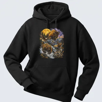 Vintage-style shirt featuring bison, eagle, bear, elk, and wolf illustrations. — printed on a unisex hoodie