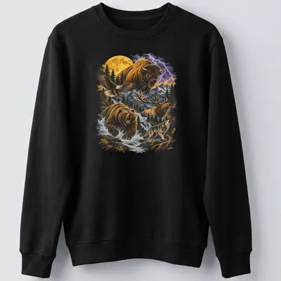 Vintage-style shirt featuring bison, eagle, bear, elk, and wolf illustrations. — printed on a unisex sweatshirt