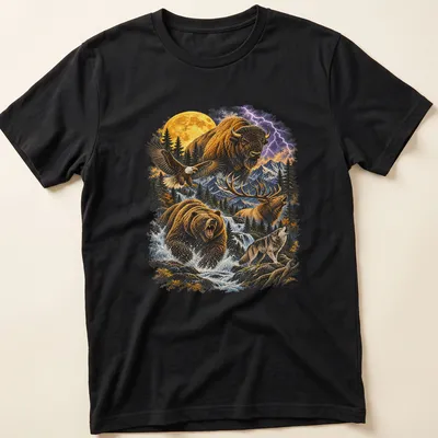 Vintage-style shirt featuring bison, eagle, bear, elk, and wolf illustrations.