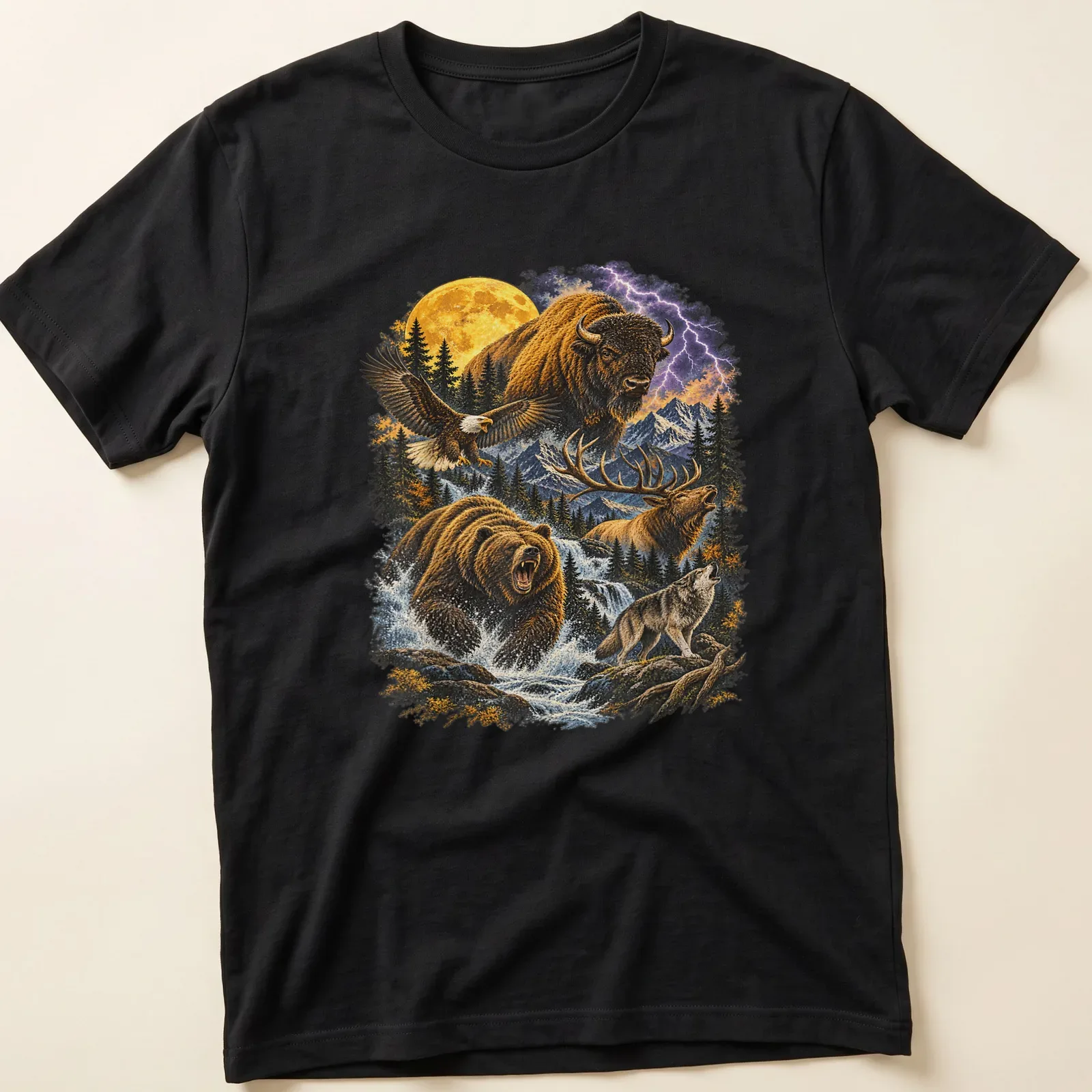 Vintage-style shirt featuring bison, eagle, bear, elk, and wolf illustrations. — printed on a unisex t-shirt