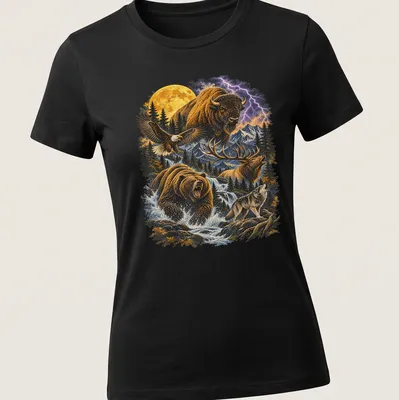 Vintage-style shirt featuring bison, eagle, bear, elk, and wolf illustrations. — printed on a women's shirt