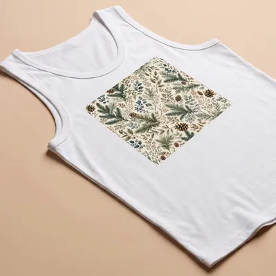 Floral evergreen botanical pattern in green, blue, brown, and cream — printed on a tank top