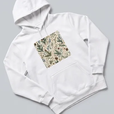 Floral evergreen botanical pattern in green, blue, brown, and cream — printed on a unisex hoodie