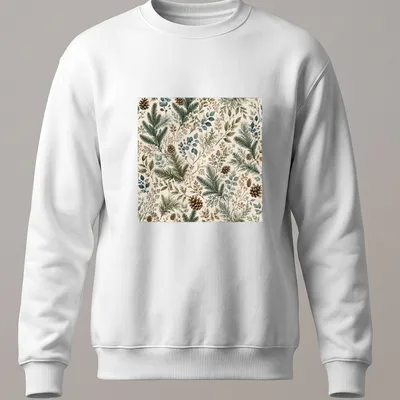Floral evergreen botanical pattern in green, blue, brown, and cream — printed on a unisex sweatshirt