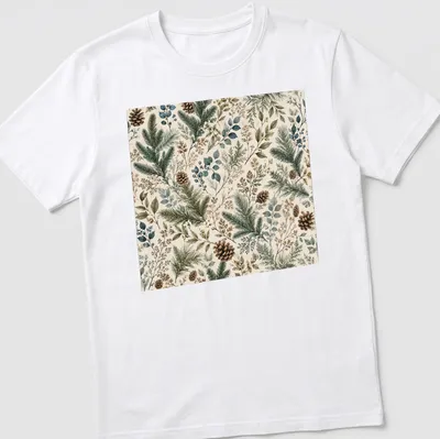 Floral evergreen botanical pattern in green, blue, brown, and cream — printed on a unisex t-shirt