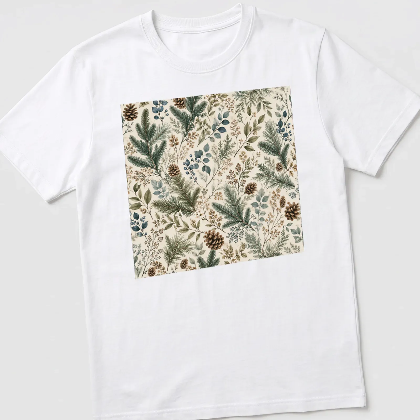 Floral evergreen botanical pattern in green, blue, brown, and cream — printed on a unisex t-shirt