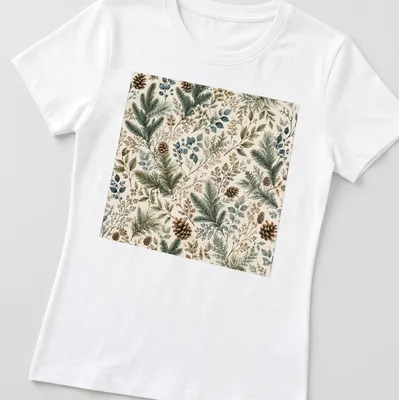 Floral evergreen botanical pattern in green, blue, brown, and cream — printed on a women's shirt