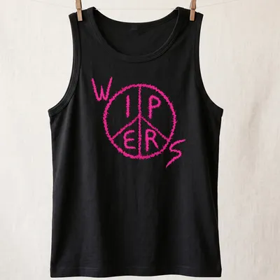Fuzzy pink tee featuring a peace symbol above the word 'WIPERS' in playful text. — printed on a tank top