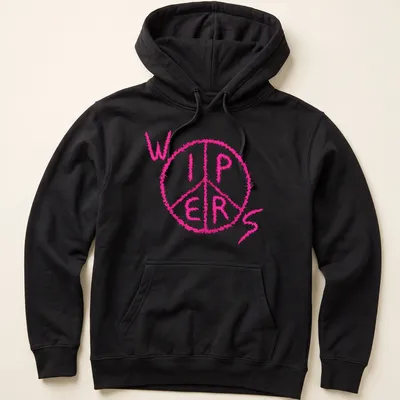 Fuzzy pink tee featuring a peace symbol above the word 'WIPERS' in playful text. — printed on a unisex hoodie