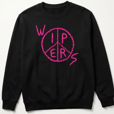 Fuzzy pink tee featuring a peace symbol above the word 'WIPERS' in playful text. — printed on a unisex sweatshirt