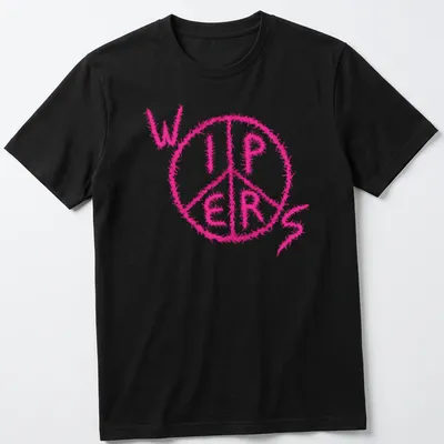 Fuzzy pink tee featuring a peace symbol above the word 'WIPERS' in playful text.