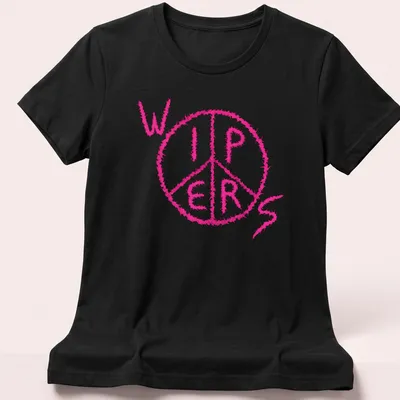 Fuzzy pink tee featuring a peace symbol above the word 'WIPERS' in playful text. — printed on a women's shirt