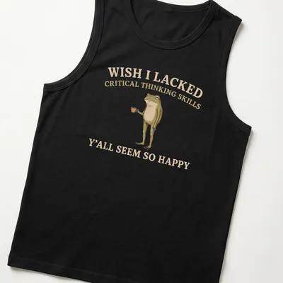 Illustrative graphic of a frog with humorous text about critical thinking — printed on a tank top