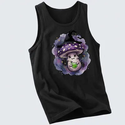 Kawaii watercolor design of a cute witch mushroom holding a potion bottle — printed on a tank top