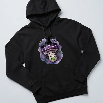 Kawaii watercolor design of a cute witch mushroom holding a potion bottle — printed on a unisex hoodie