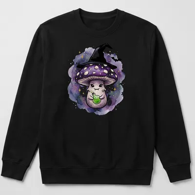 Kawaii watercolor design of a cute witch mushroom holding a potion bottle — printed on a unisex sweatshirt