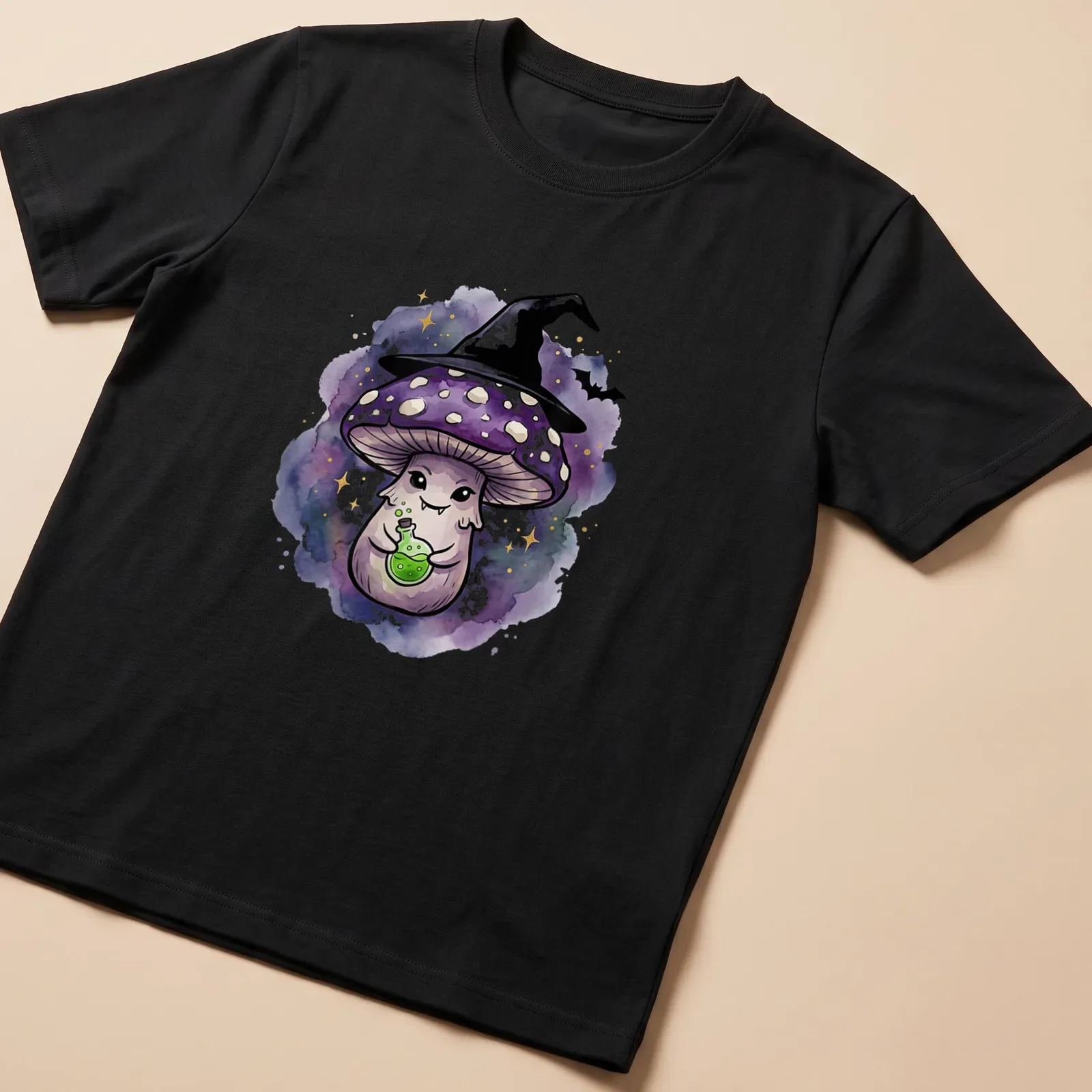 Kawaii watercolor design of a cute witch mushroom holding a potion bottle — printed on a unisex t-shirt