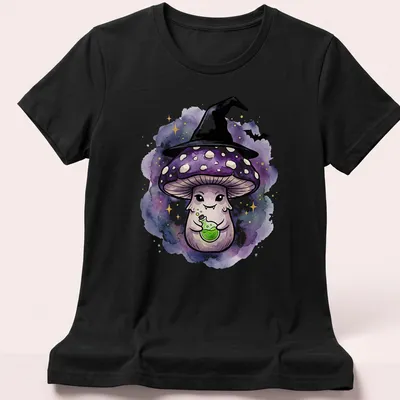 Kawaii watercolor design of a cute witch mushroom holding a potion bottle — printed on a women's shirt