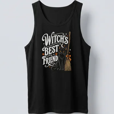 Vintage illustration of a black cat on a broom with Halloween text — printed on a tank top