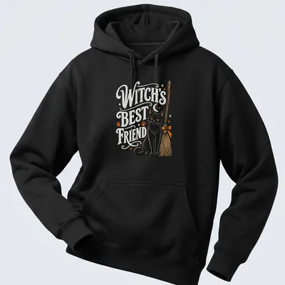 Vintage illustration of a black cat on a broom with Halloween text — printed on a unisex hoodie