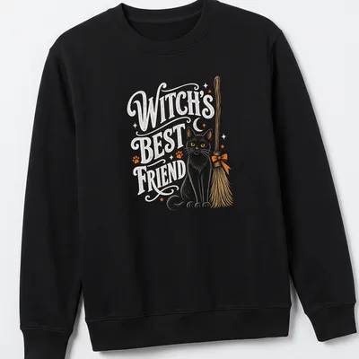 Vintage illustration of a black cat on a broom with Halloween text — printed on a unisex sweatshirt